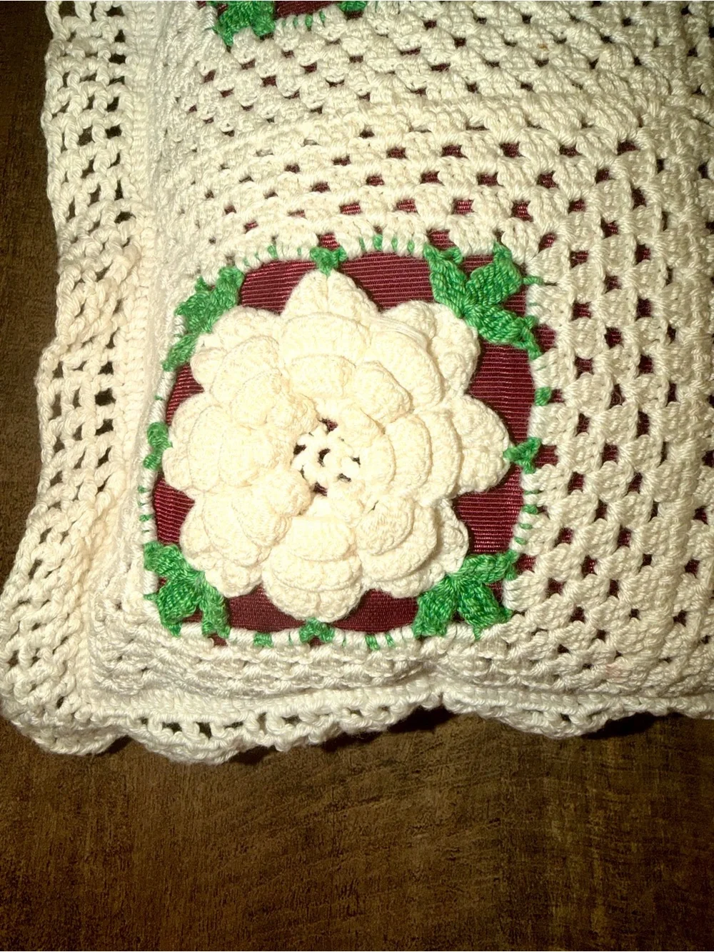 Handmade Crochet Cream Floral Pillow with Burgundy Accents